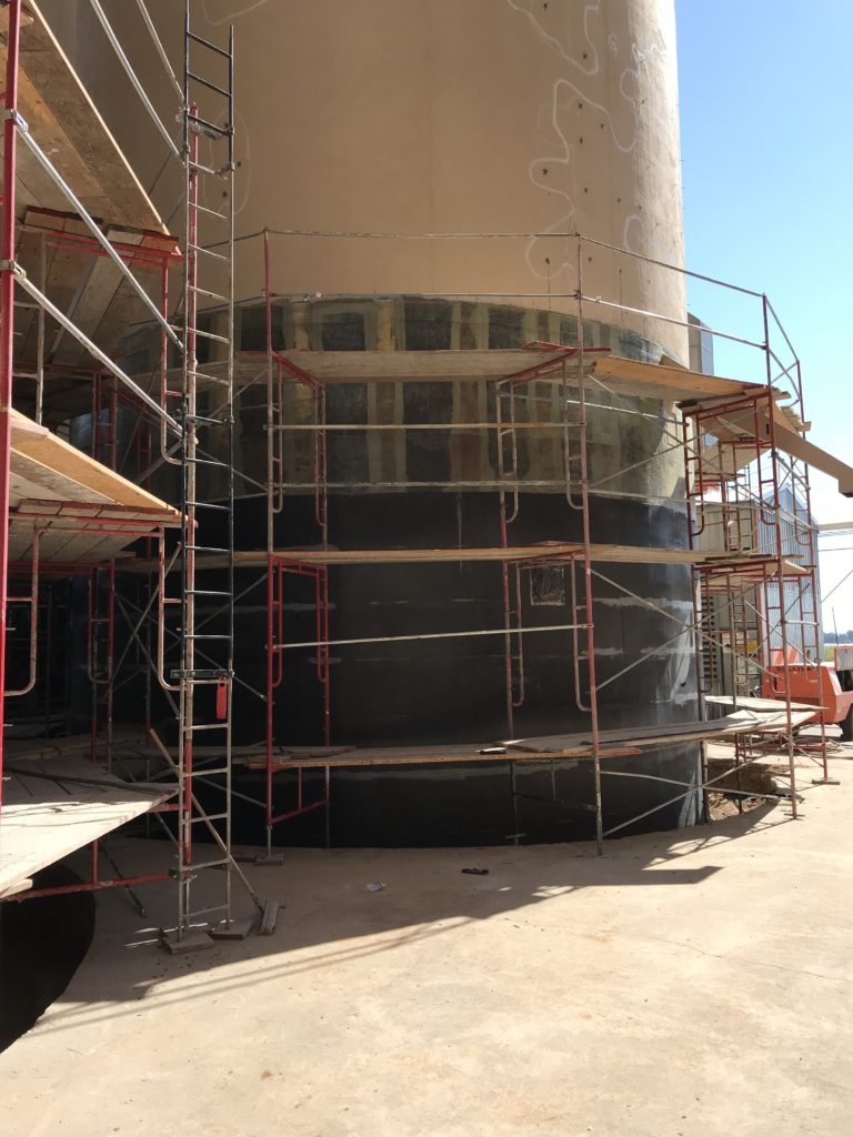 Silos after FRP installation with scaffolding still in place.
