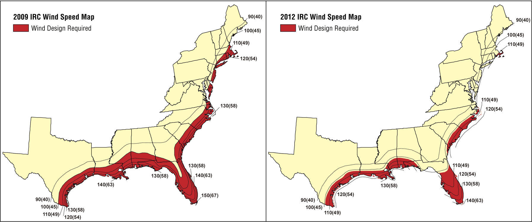 2009 and 2012 IRC wind speed maps.