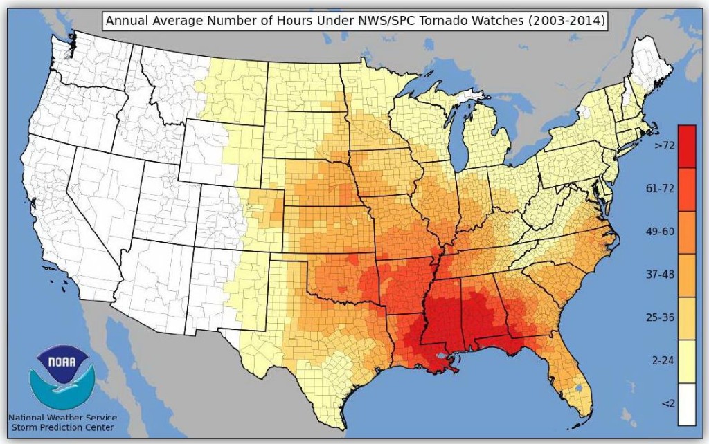 Figure 2 -  Annual average number of hours under NWS/SPC tornado watches (2003-2014)