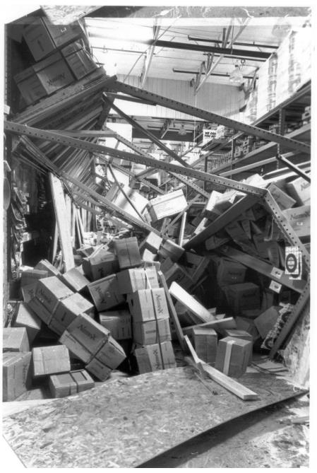 Damage to overloaded storage racks during the 1994 Northridge Earthquake. (FEMA 74, 1994)