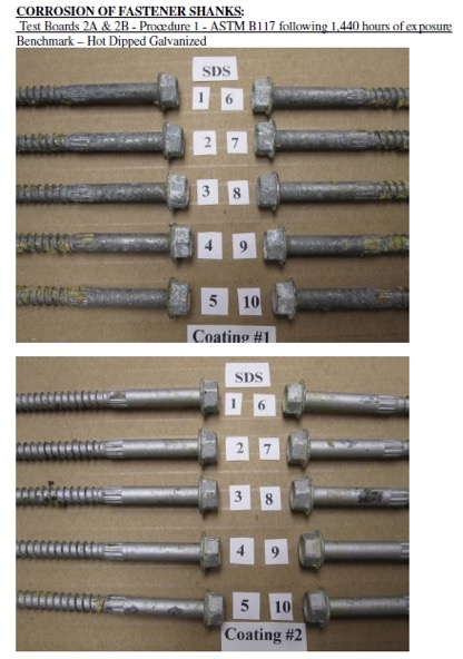 Figure 5: Fasteners after 1,440 hours of exposure, removed from the wood, cleaned and compared to benchmark. Coating 1 – Benchmark (Hot- dip Galvanized) and Coating 2 (Alternative coating). 