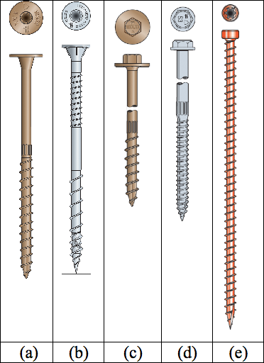 Figure 1. Simpson Strong-Tie Strong-Drive screws for fastening the sole-to-rim connection: (a) SDWS Timber screw, (b) SDWV Sole-to-Rim screw, (c) SDWH Timber-Hex screw, (d) SDS Heavy-Duty Connector screw, (e) SDWC Truss screw. 