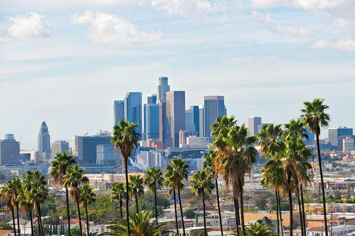 Los Angeles skyline on a partly cloudy day with a row of palm trees in the foreground.