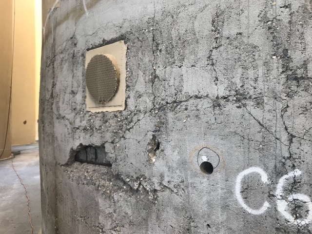 Close-up of silos during adhesion test and prior to any repairs. 
