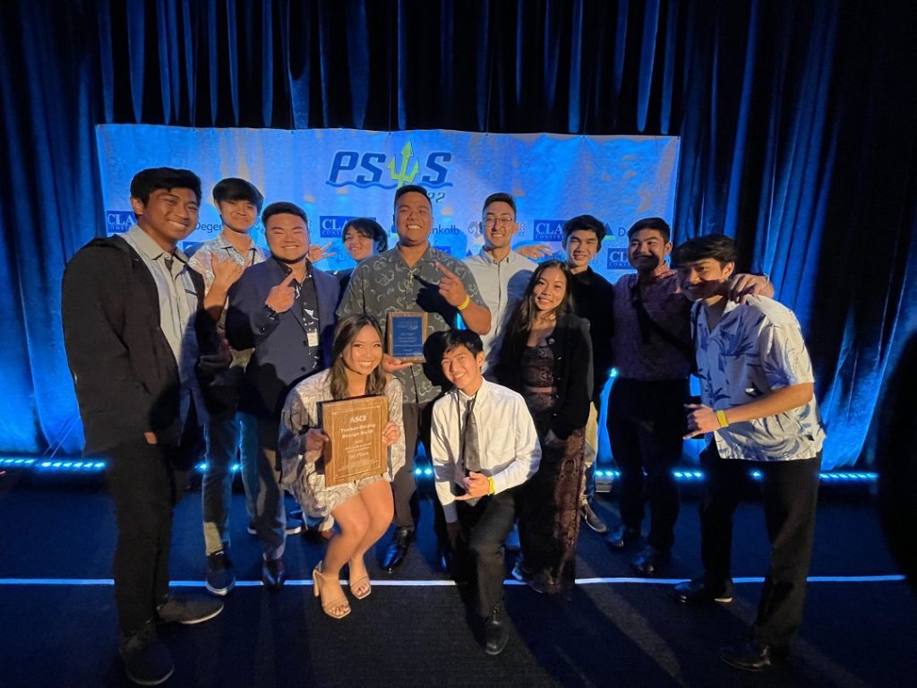 2022 Timber Strong Design Build Team from left, Jacen Ancheta, Kenneth Nguyen, David Nakamura, Allena Novio, Isaiah Acorda, Ryan Montero, Travis Nitta, Micah Chinen, Regine Ragma, Edward Requilman Jr., Devon Hirata, An Riccardo Tran and Keith Maki (not pictured).