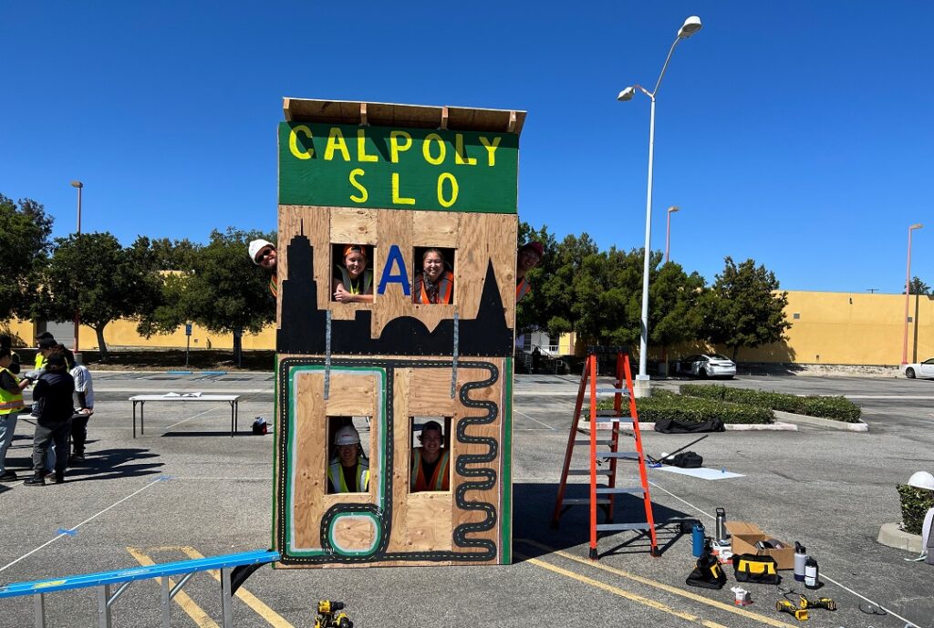 Cal Poly students inside their completed Timber-Strong structure