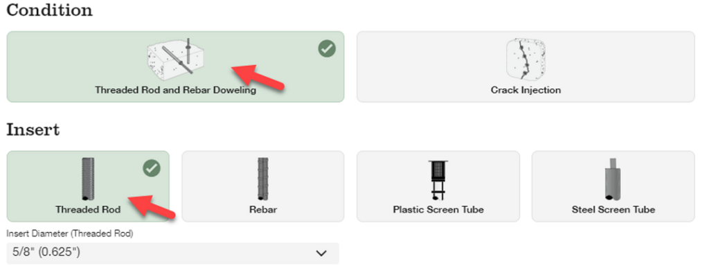 Select your adhesive and drill bit diameter sizes using the ACE Adhesive Cartridge Estimator