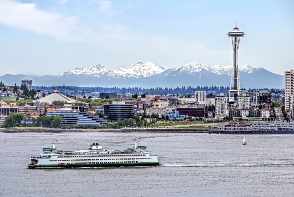 A view across the Puget Sound toward Seattle, the Space Needle, and Cascade mountatins, Washington State.