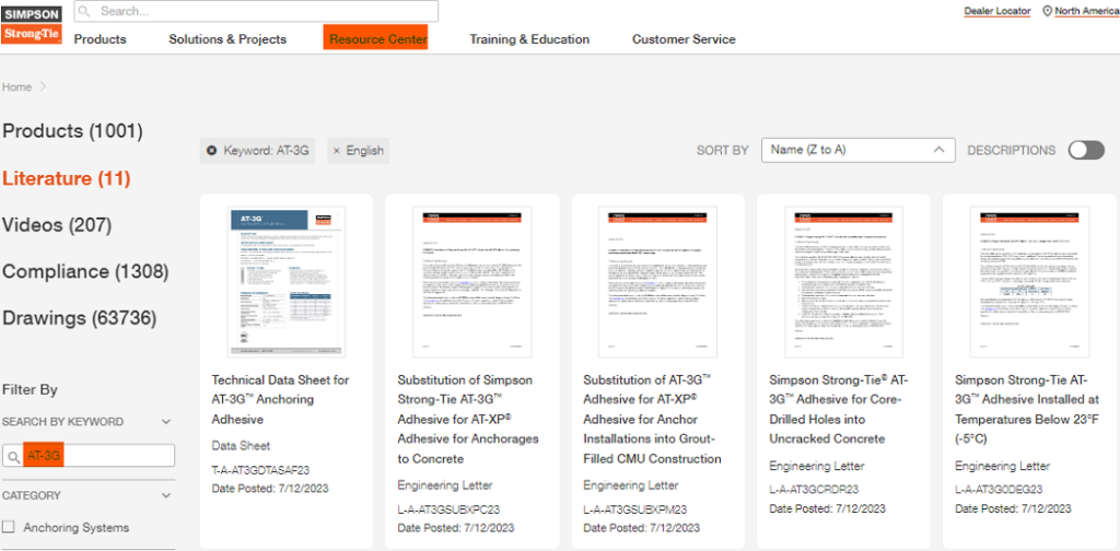 Figure 4 – Resource Center AT-3G results from strongtie.com