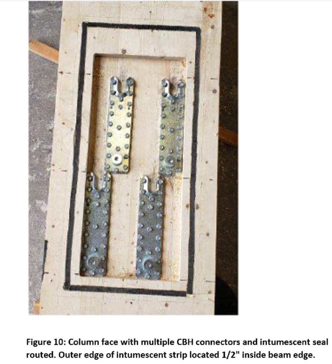 Figure 10: Column face with multiple CBH connectors and intumescent seal routed. Outer edge of intumescent strip located 1/2" inside beam edge. 
