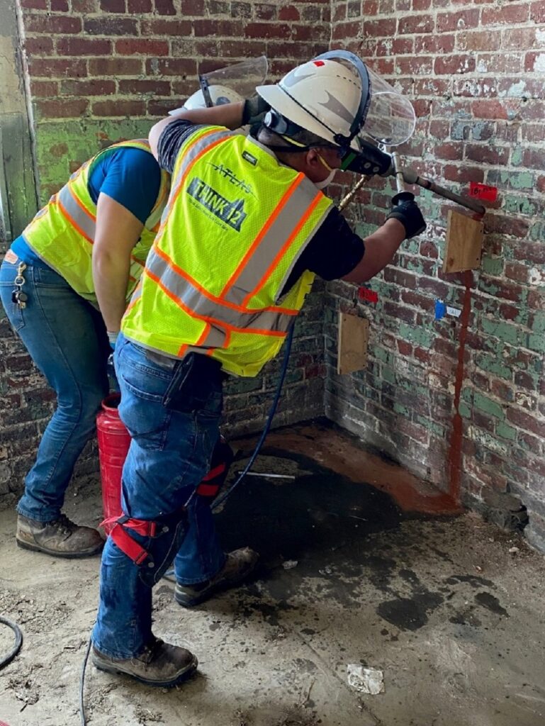 Drilling with a core drill bit at a 22.5° angle.